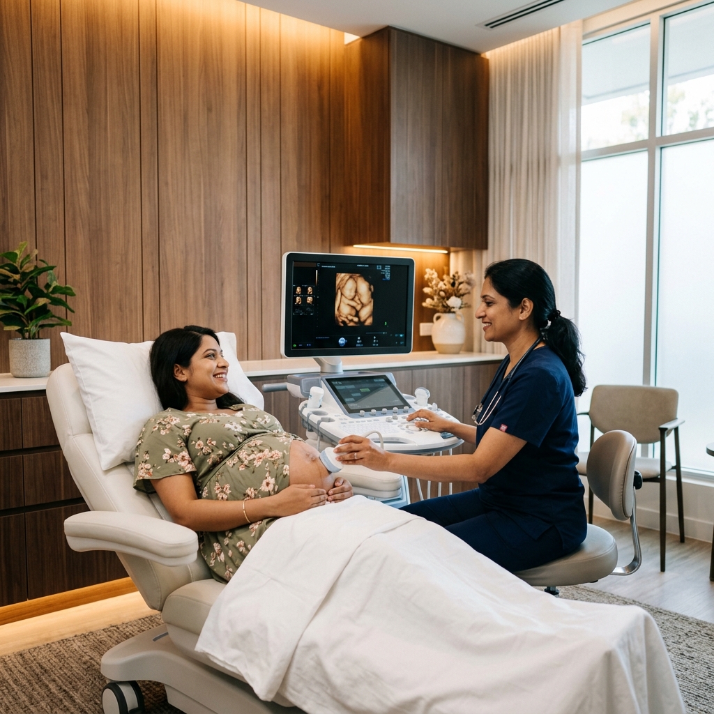 Modern maternity and gynecology examination room with advanced ultrasound, featuring Indian doctor and patient
